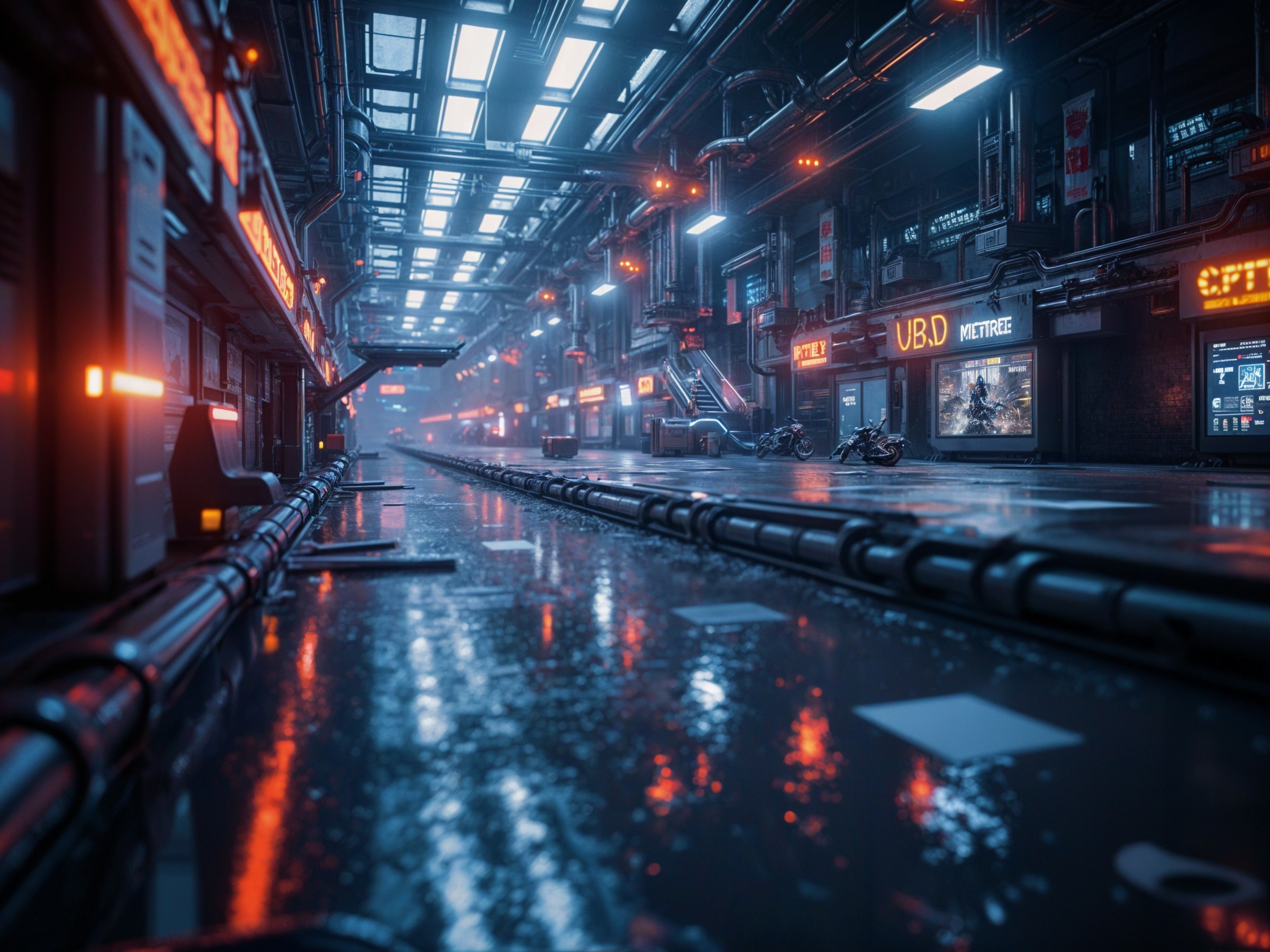 Futuristic Urban Alley with Neon Lights and Vending Machines