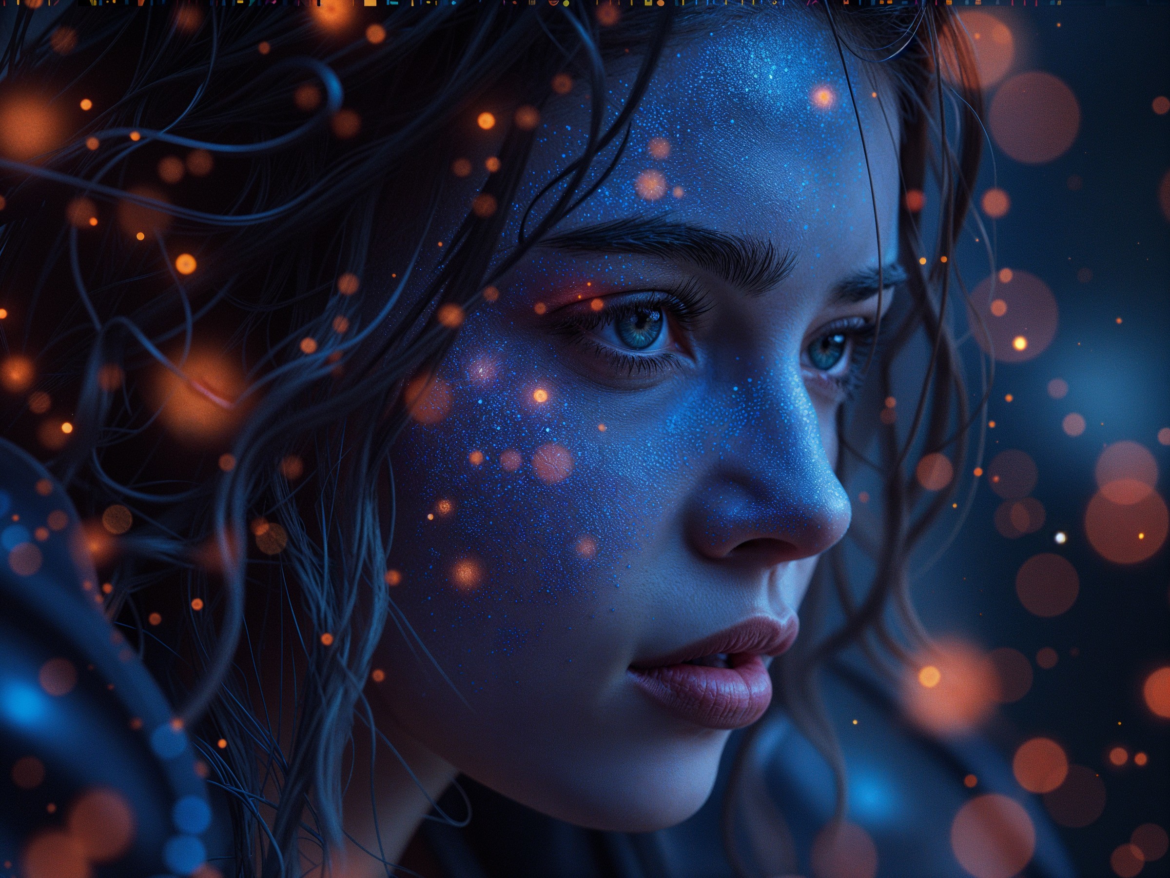 Close-Up Portrait of Woman with Blue Face Paint