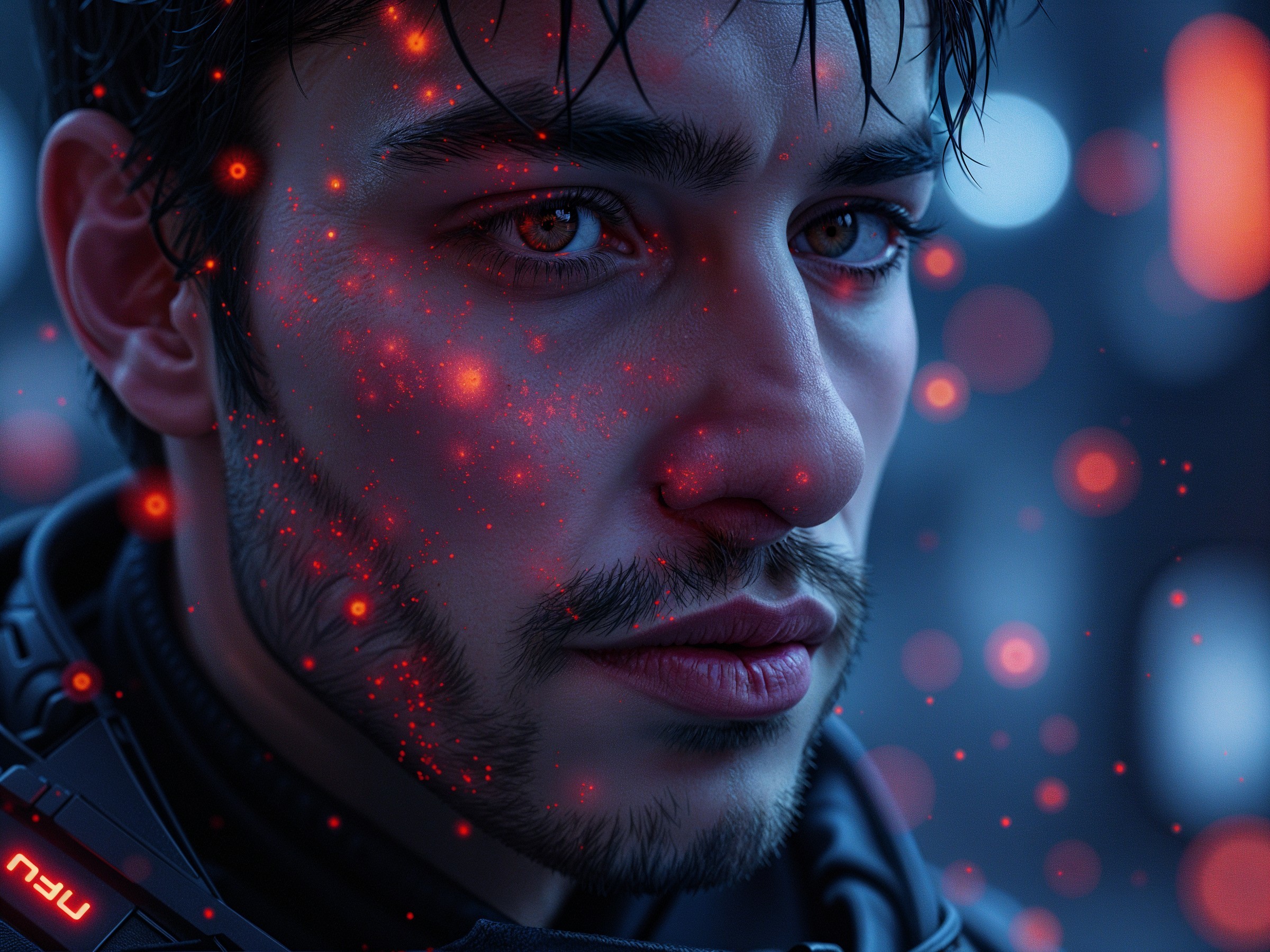 Close-up of a Young Man in a Futuristic Setting