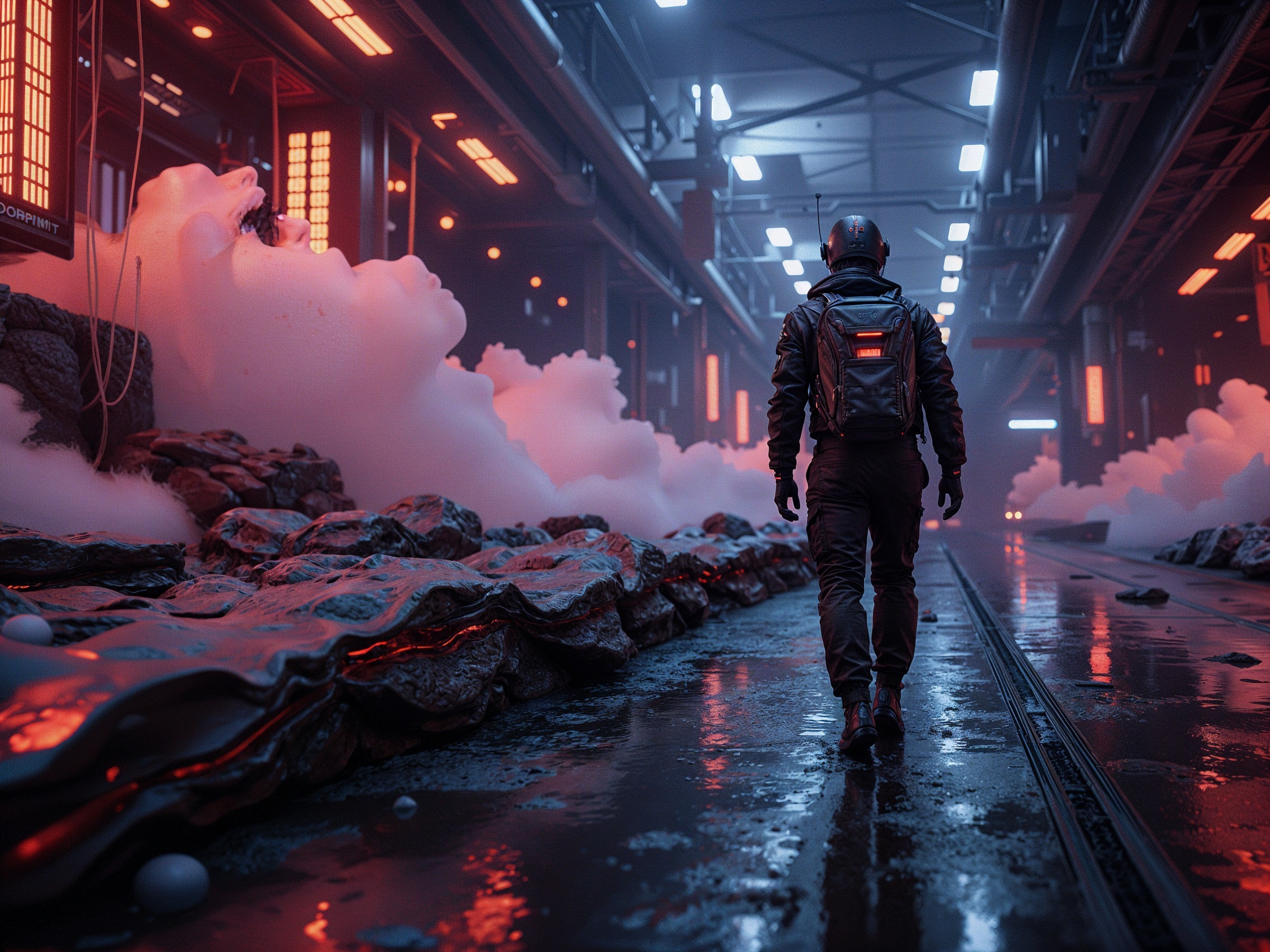 Futuristic Figure in Dimly Lit Industrial Setting