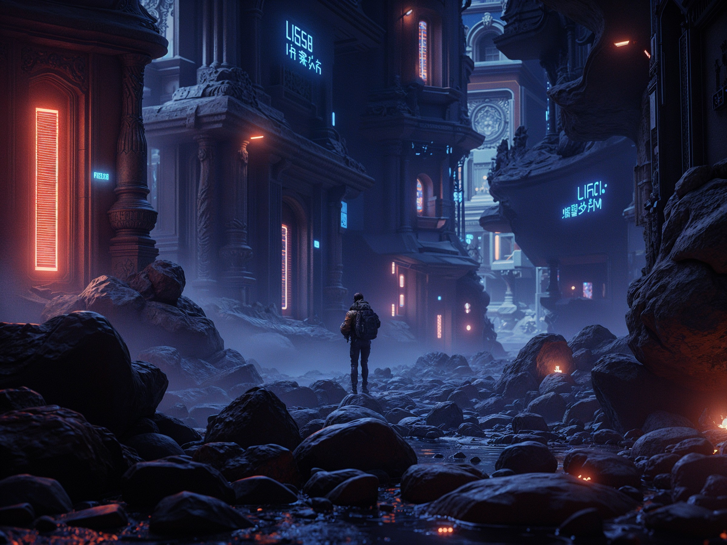 Surreal Futuristic Landscape with Neon Signs and Fog