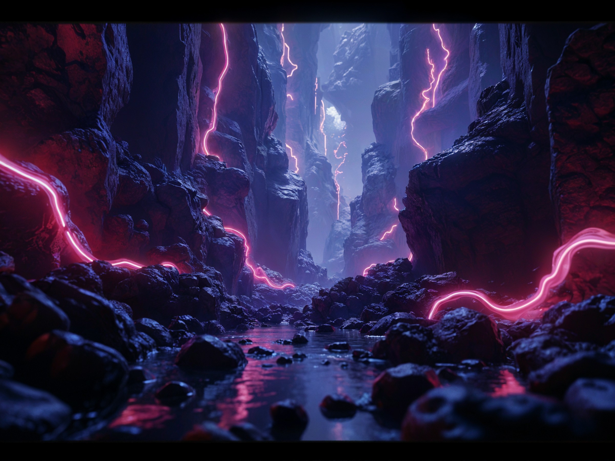 Surreal Canyon Landscape with Neon Pink Lightning