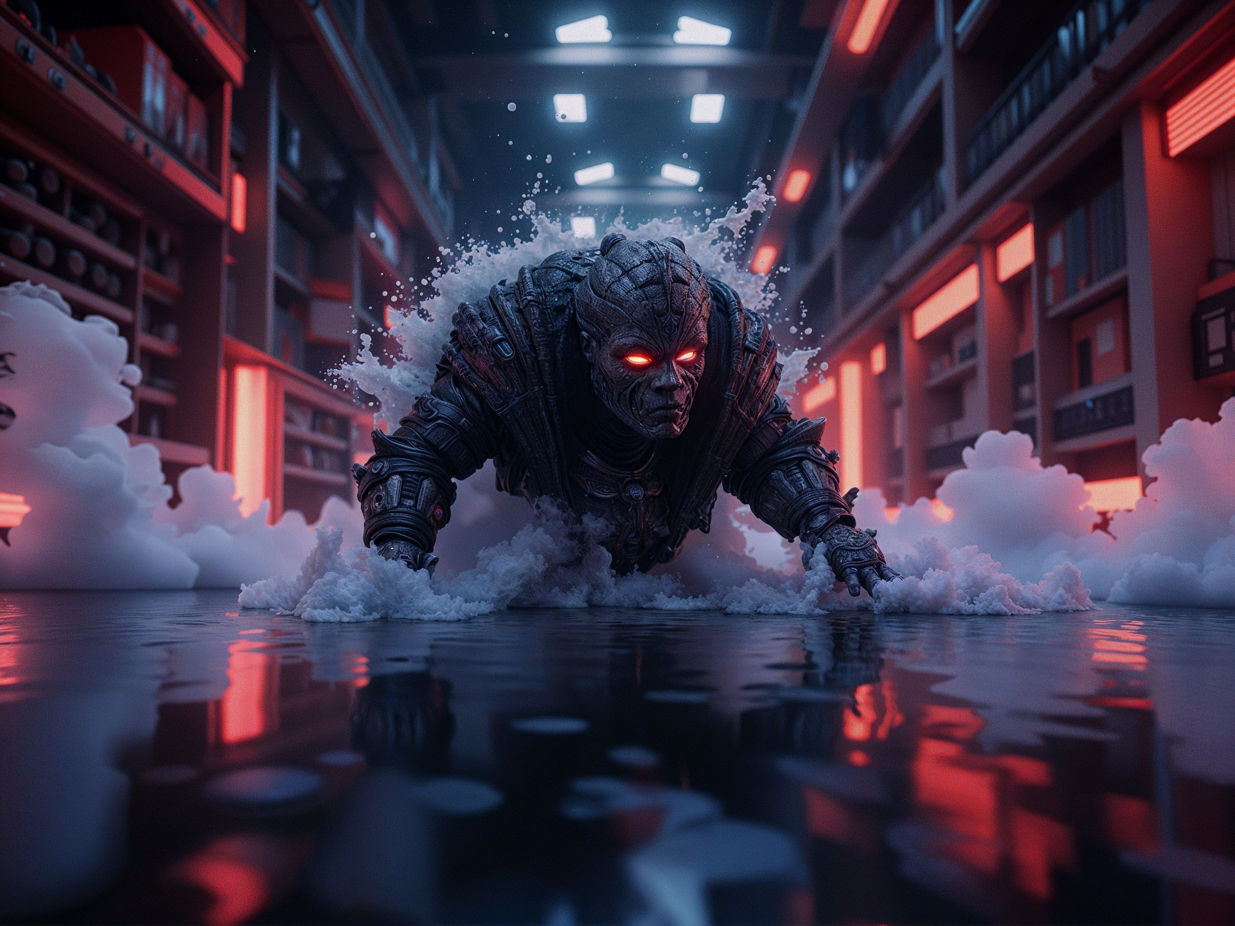 Futuristic warrior in neon-lit, otherworldly setting