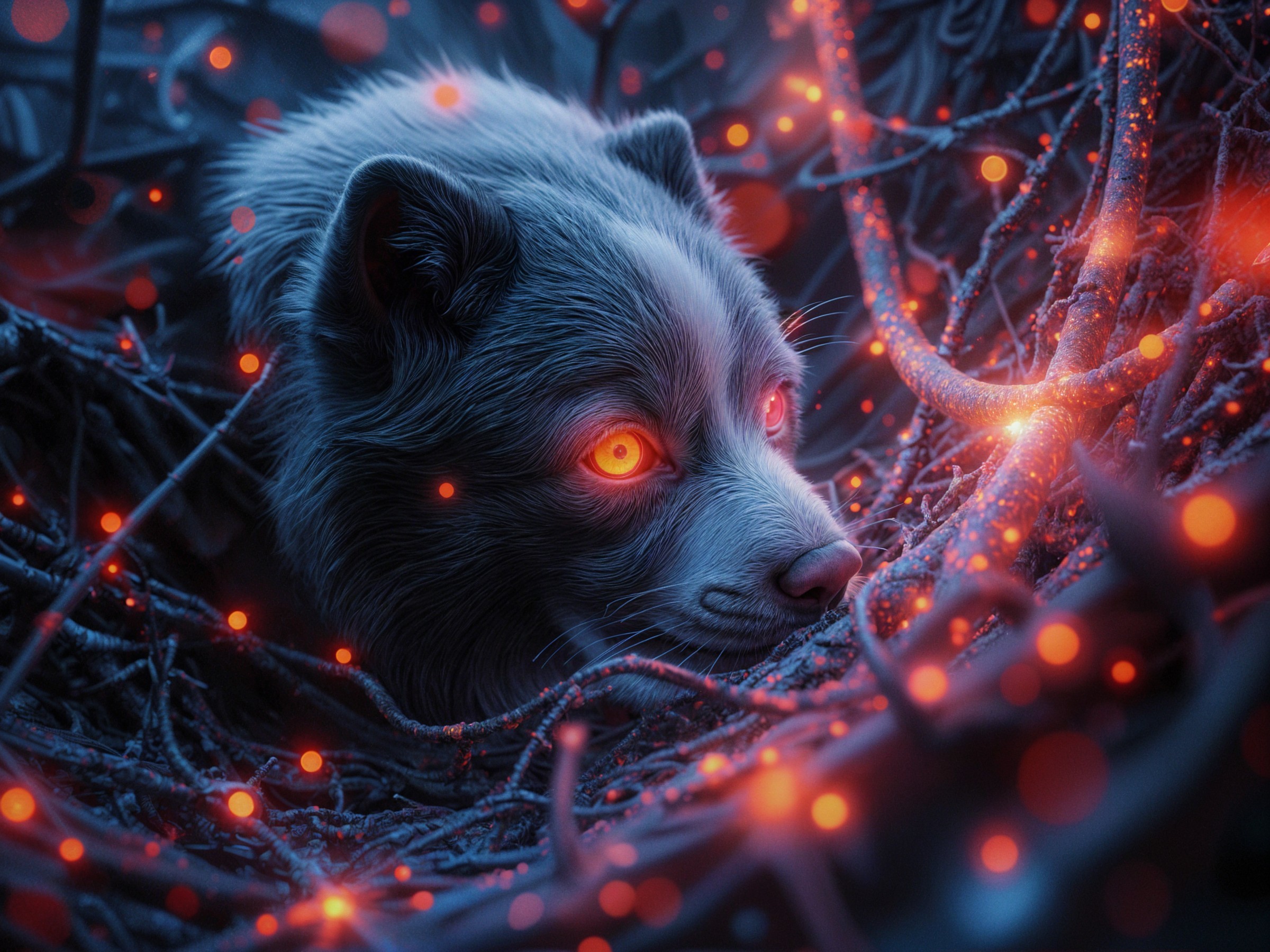 Mystical Fox-like Creature Among Dark Branches and Orbs