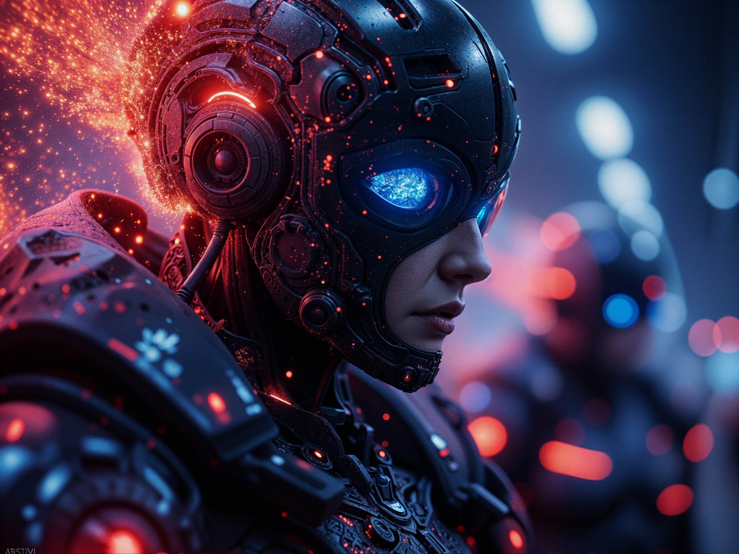 Futuristic Cybernetic Figure with High-Tech Armor