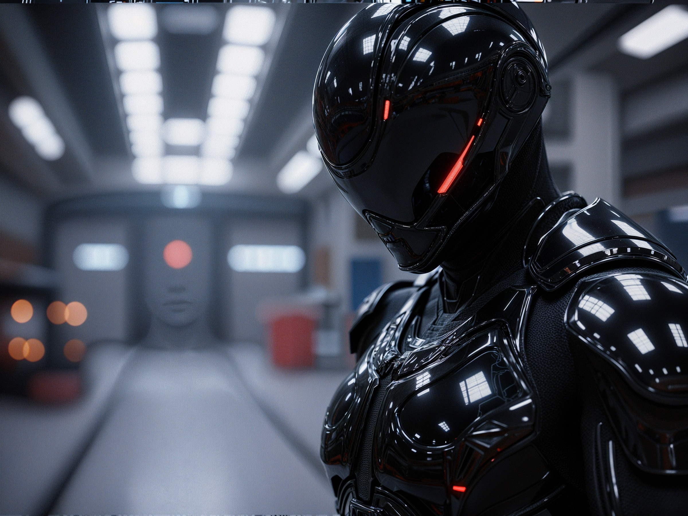 Futuristic Robot with Black Armor and Red Accents