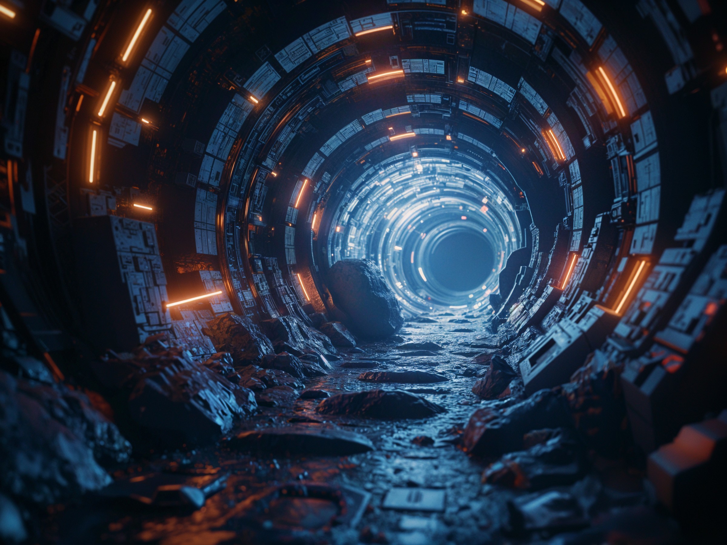 Futuristic Circular Tunnel with Orange Lighting and Screens
