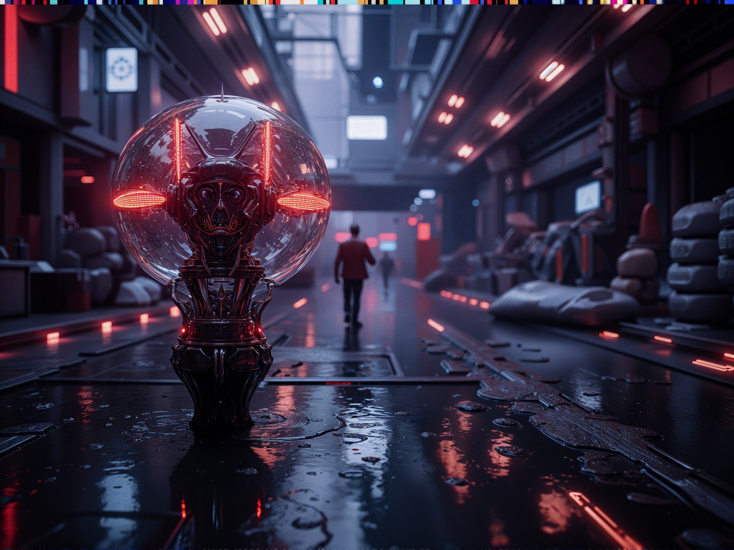Futuristic corridor with neon lights and glass orb