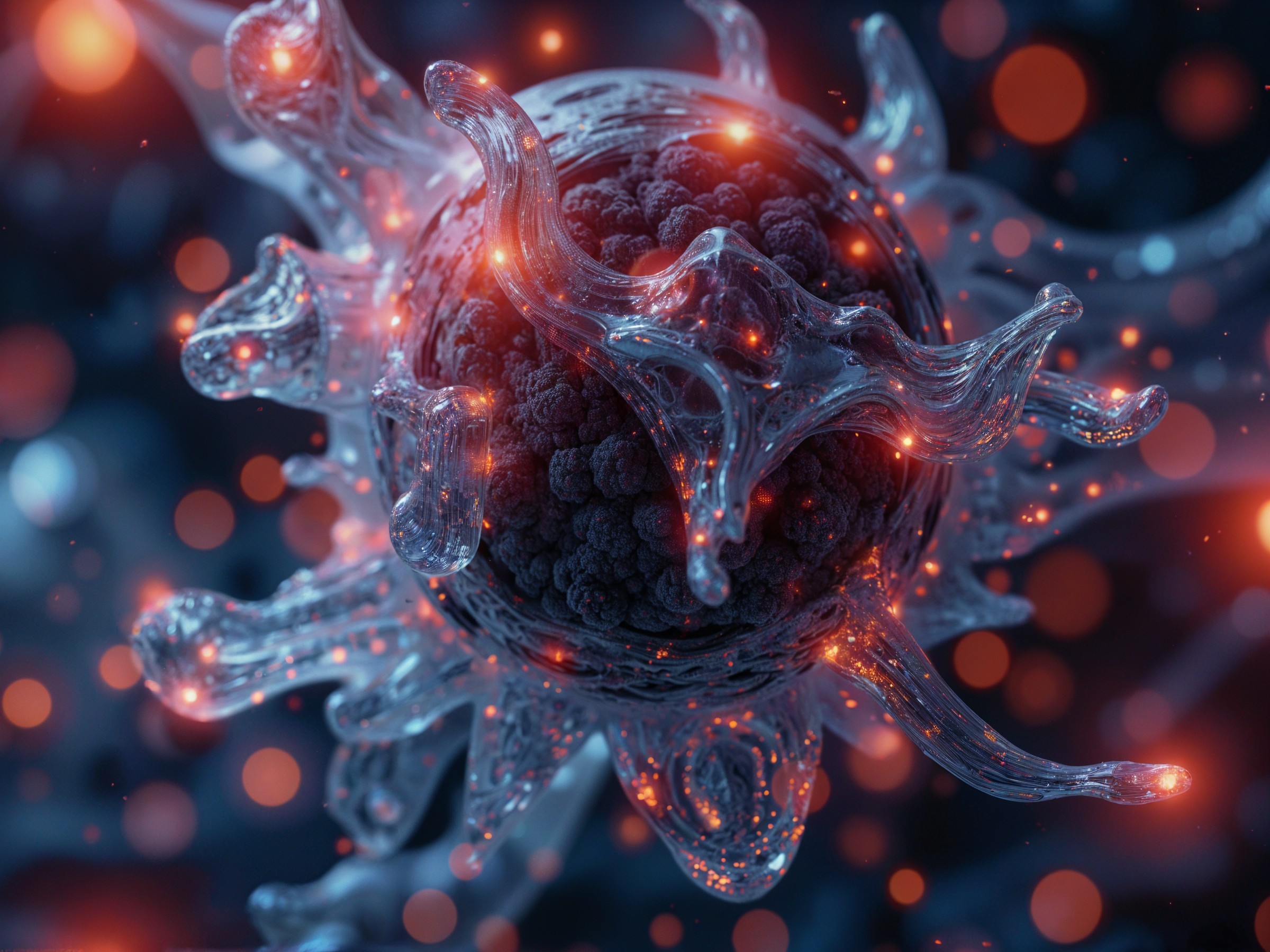 Glowing Microscopic Structure with Tendrils in Dark Background