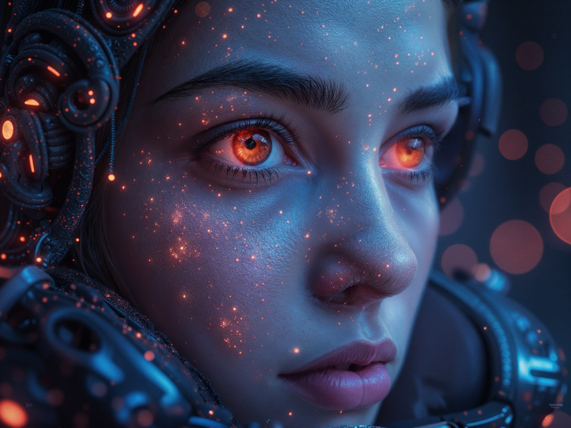 Close-Up of a Face with Orange Eyes and Blue Tones