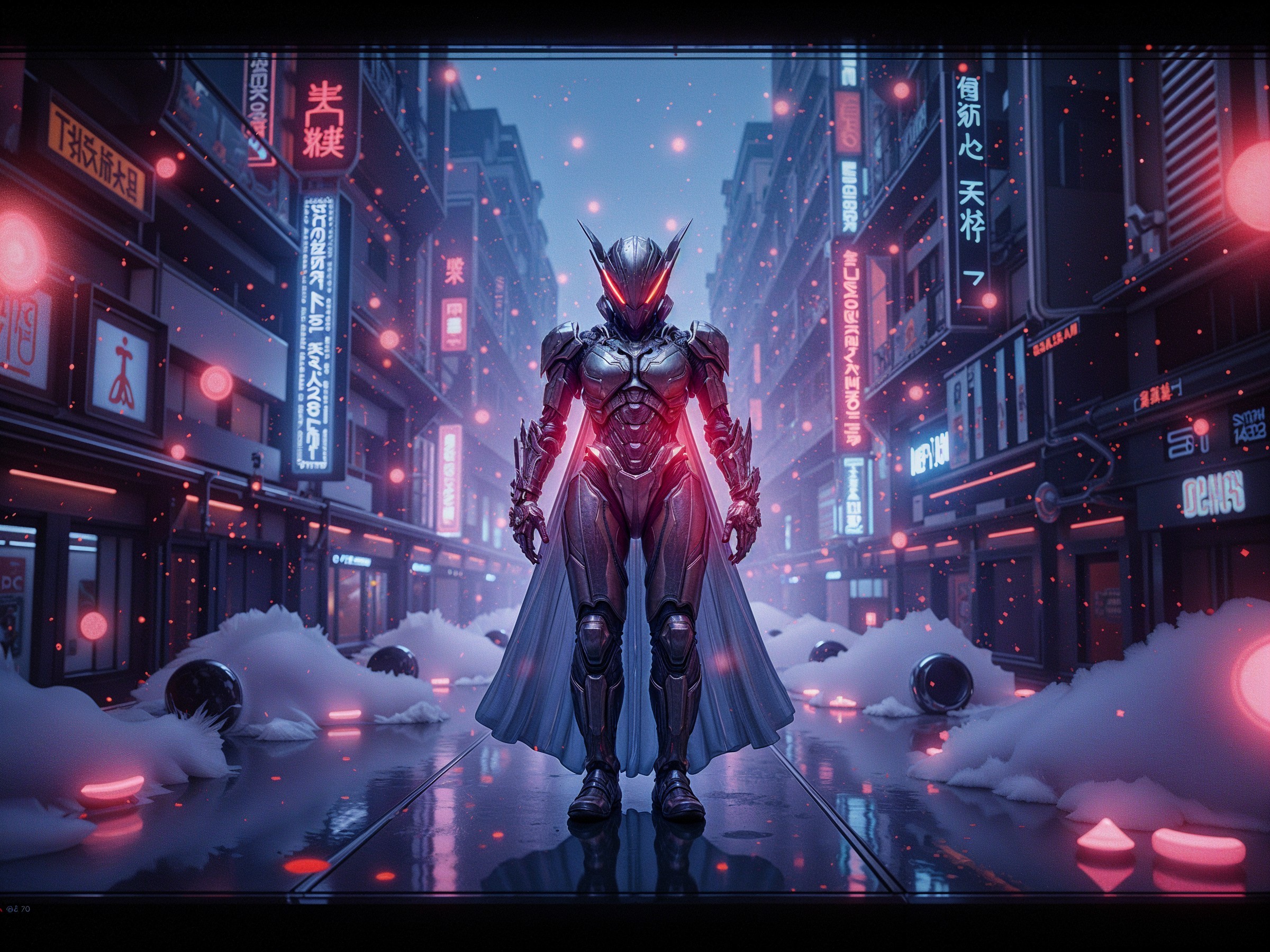 Futuristic Figure in Neon-Lit Urban Setting
