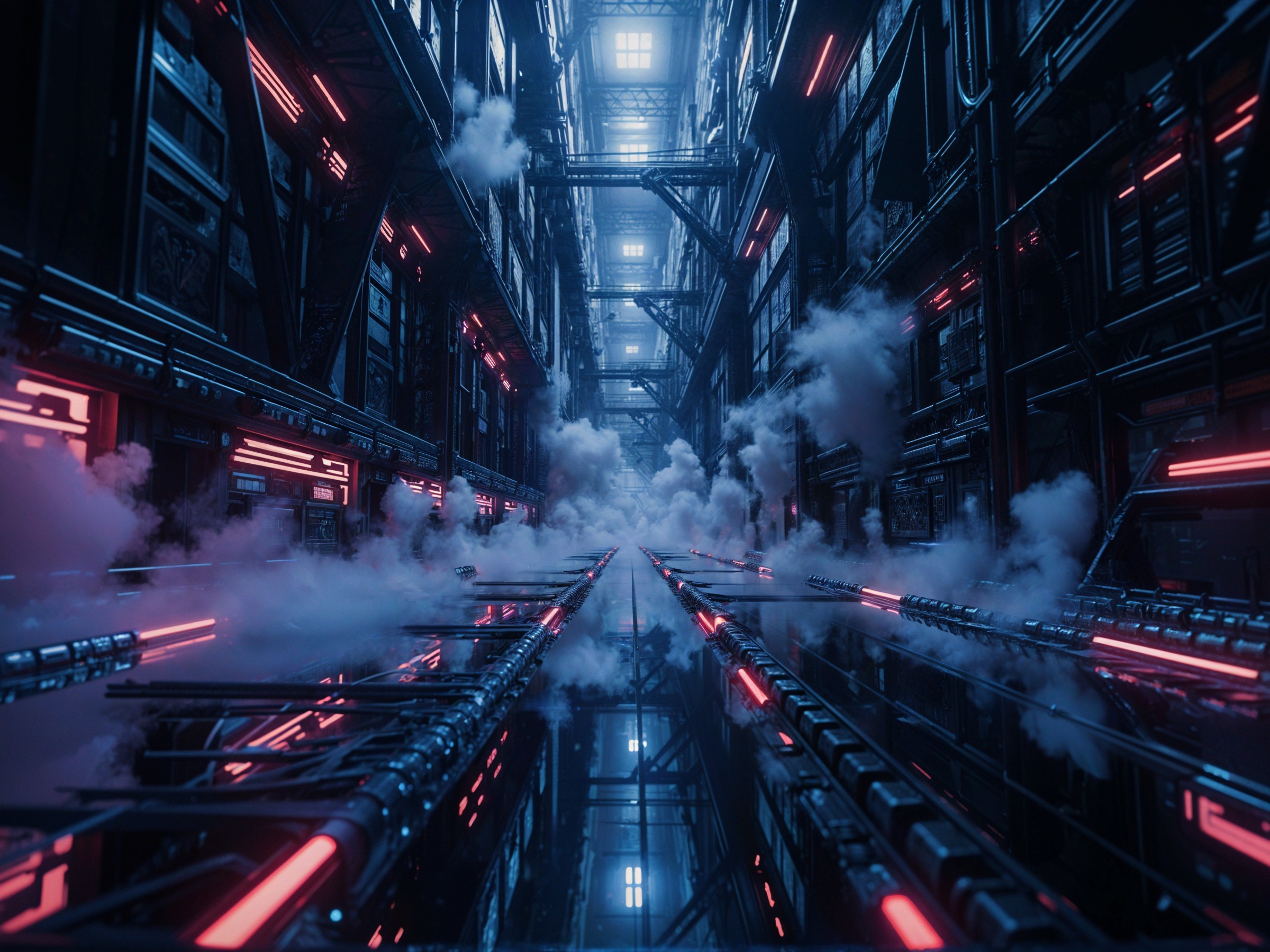Futuristic Corridor with Neon Lights and Industrial Design