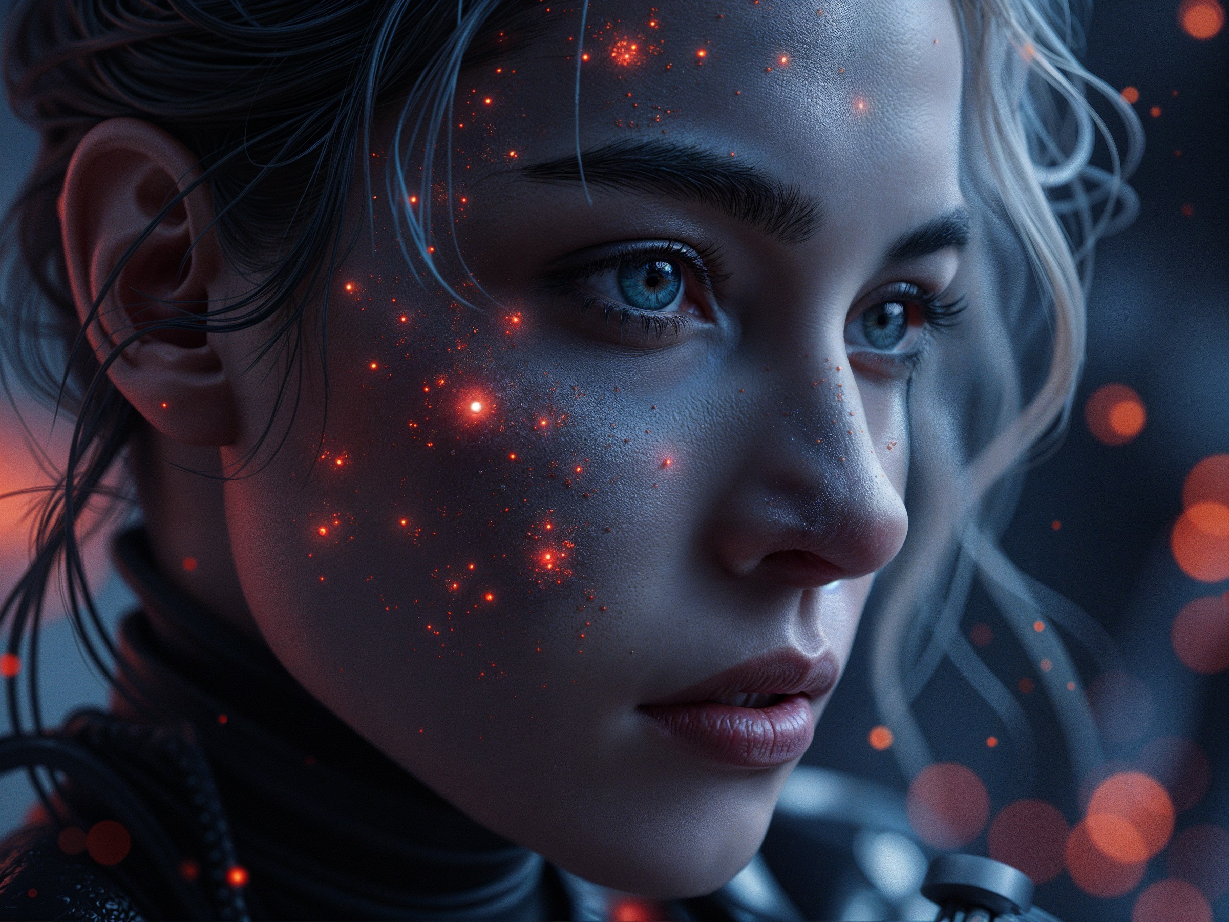 Close-up of a woman's face with glowing sparkles