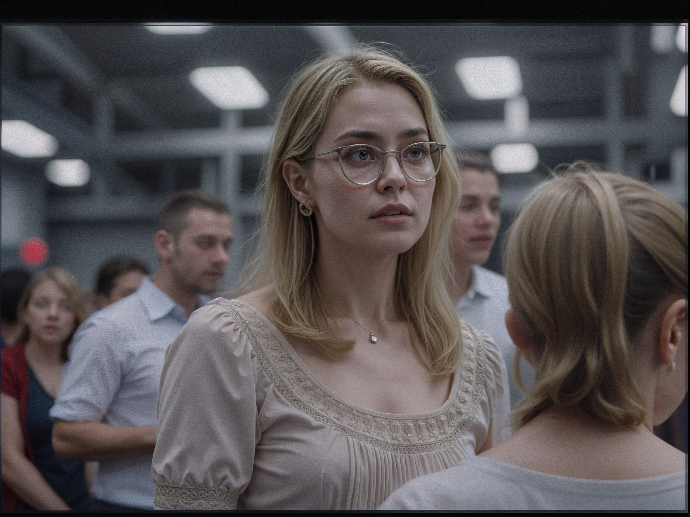 Young Woman in Thoughtful Engagement in Crowded Room