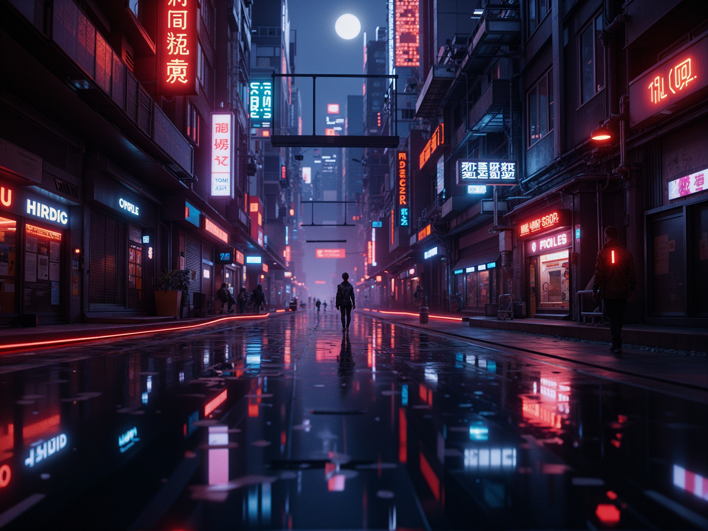 Futuristic Urban Street with Neon Lights and Solitude