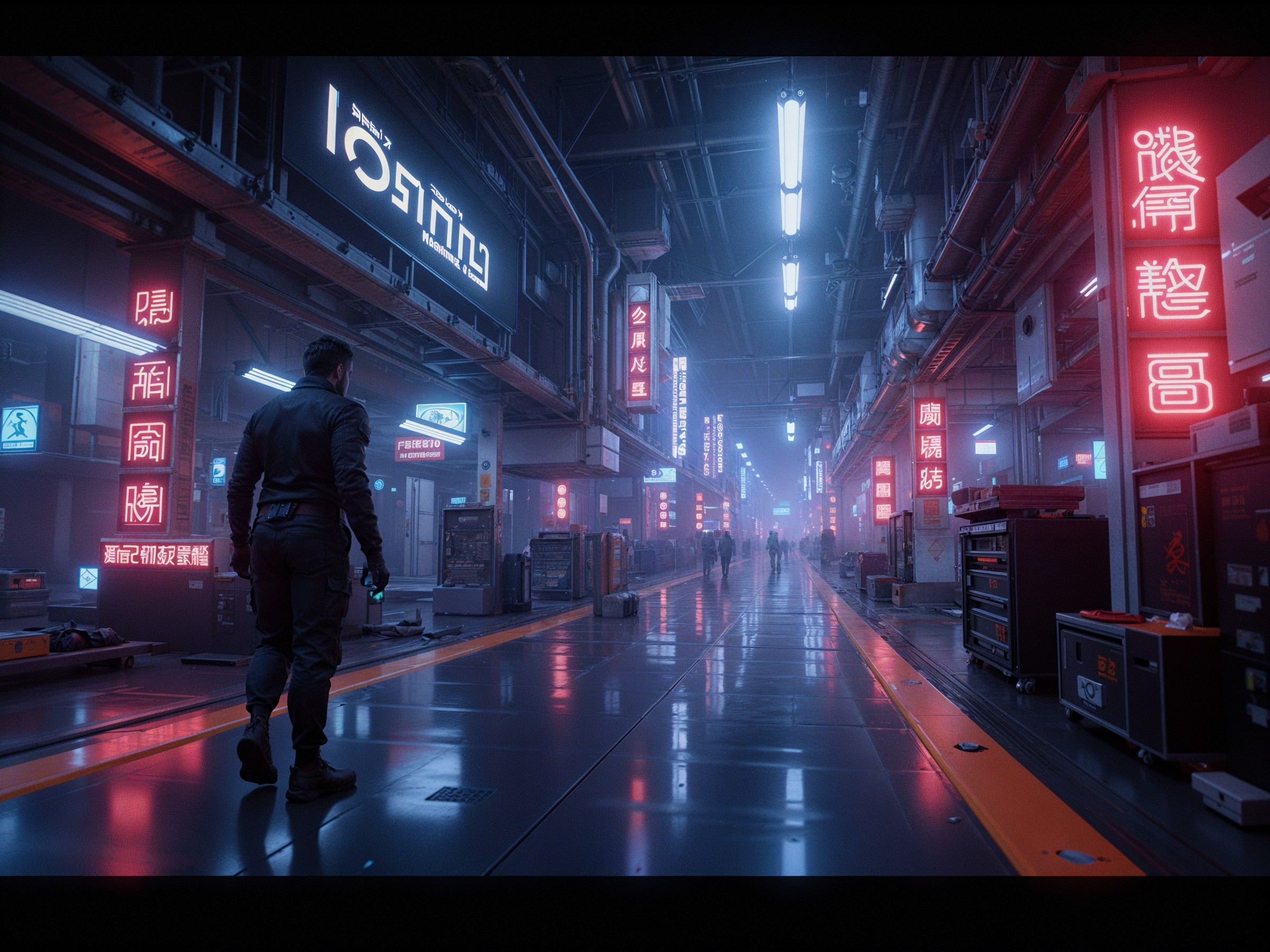 Futuristic alleyway with neon signs and technology