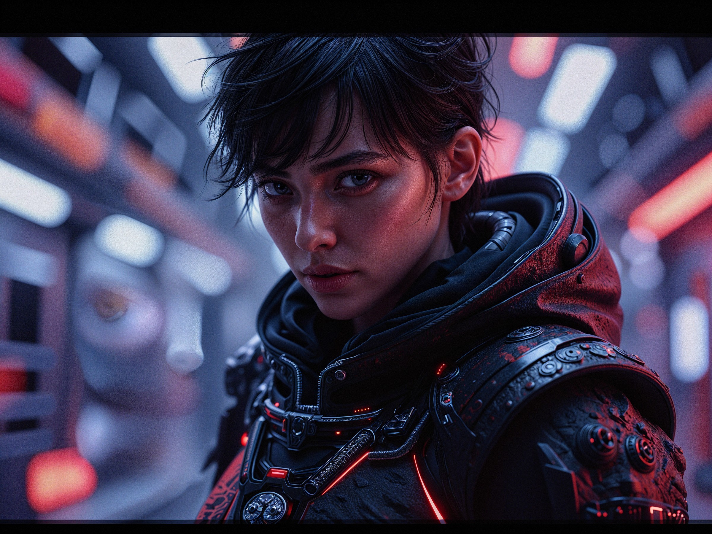 Close-Up Portrait of a Young Woman in Sci-Fi Setting