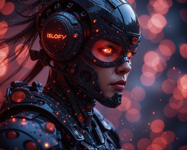 Futuristic Robotic Figure with Red Accents and Orbs