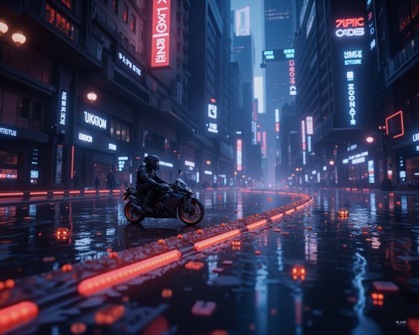 Sleek Motorcycle in Neon-Lit Cyberpunk Cityscape