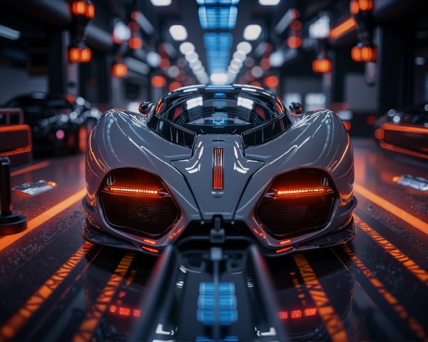 Futuristic Sports Car in High-Tech Garage Setting