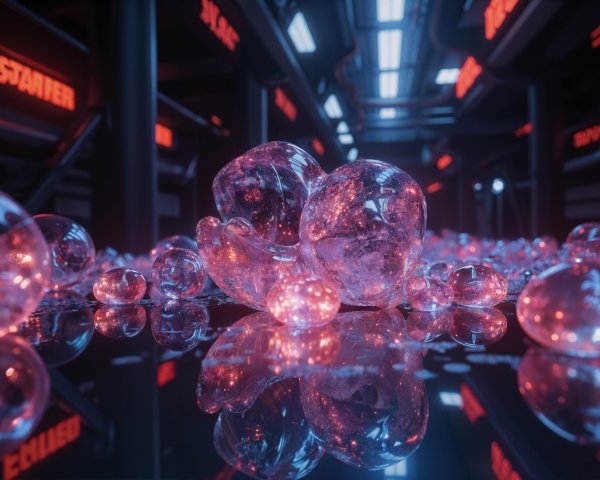 Futuristic scene with glowing bubbles and industrial backdrop