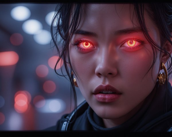 Close-Up Portrait of a Young Woman with Red Eyes