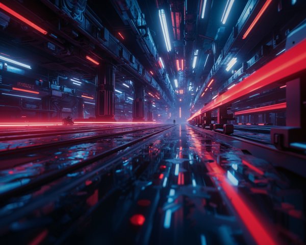 Futuristic Corridor with Neon Lights and Reflections