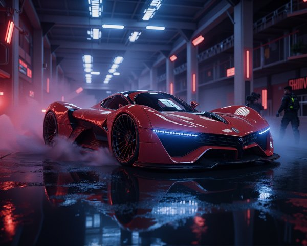 Futuristic Red Supercar in Neon-Lit Garage Setting