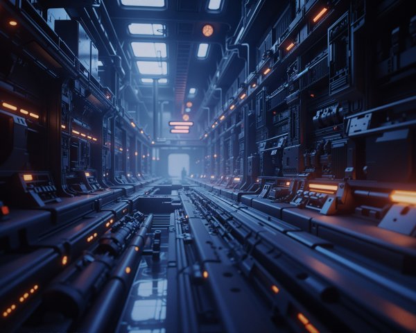 Futuristic corridor with dark metal and orange lights