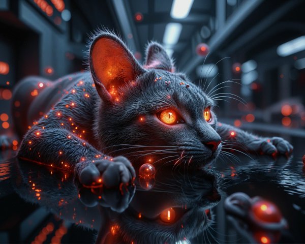 Futuristic Cat with Glowing Eyes in High-Tech Setting