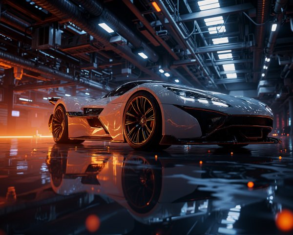 Futuristic Sports Car in High-Tech Garage Setting
