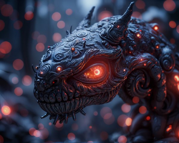 Fantastical creature with dark exterior and glowing eyes