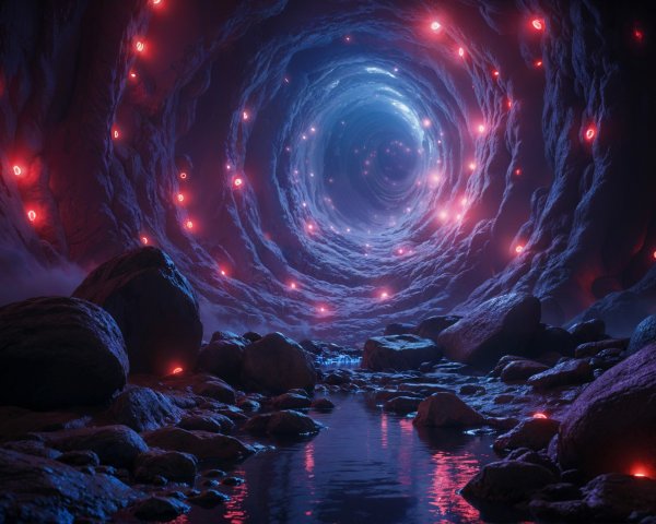 Mystical Cave with Swirling Lights and Calm Stream