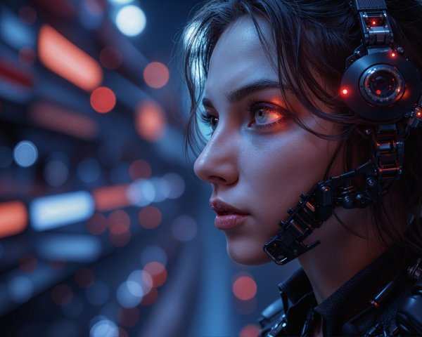 Close-up of a young woman with futuristic headset