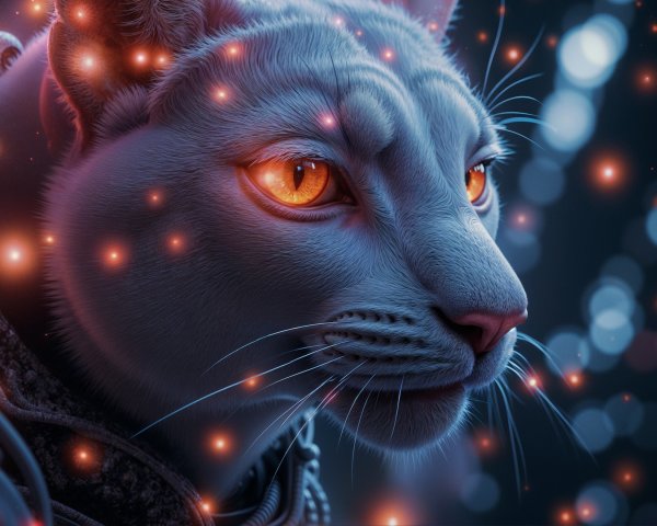 Futuristic cat with orange eyes and white fur coat