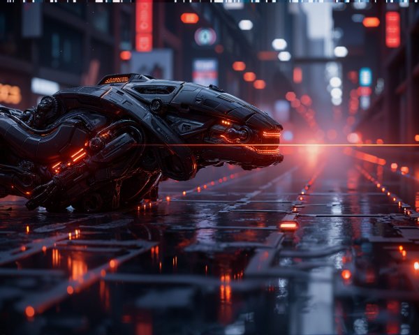 Futuristic Armored Vehicle on Neon Rainy Street