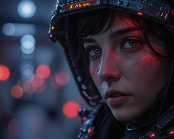 Close-up of a young woman in futuristic astronaut suit