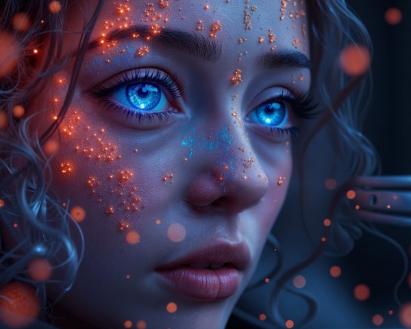 Close-Up of a Young Woman with Luminescent Blue Eyes