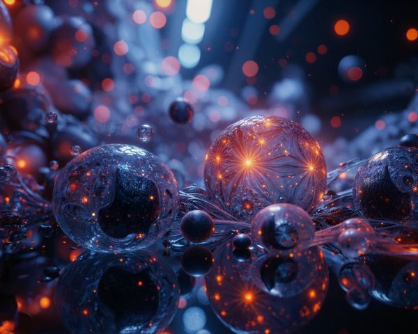 Abstract scene with luminous spheres and textures