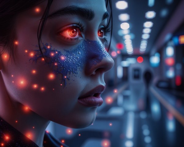 Close-up of a woman with glowing features and patterns