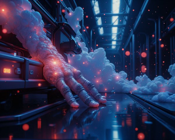 Ethereal Hand Emerges from Futuristic Machine Scene