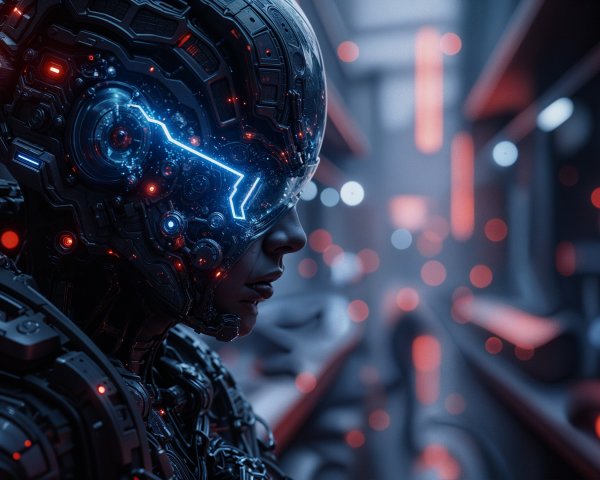 Futuristic humanoid robot in high-tech environment