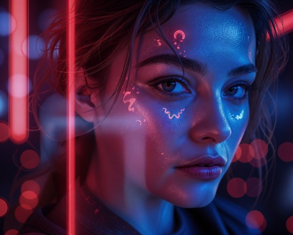 Close-up Portrait of Woman with Neon Light Effects
