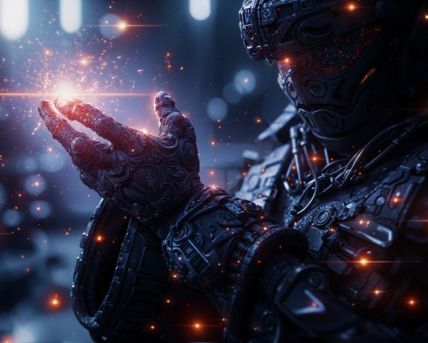 Futuristic Cybernetic Figure with Glowing Energy Orb