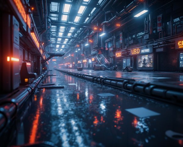 Futuristic Urban Alley with Neon Lights and Vending Machines