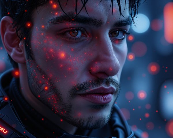 Close-up of a Young Man in a Futuristic Setting