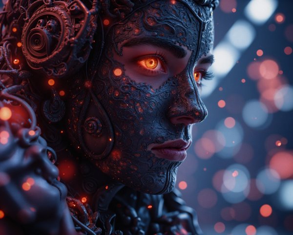 Futuristic Cybernetic Figure with Glowing Eyes and Particles