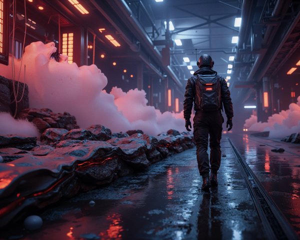 Futuristic Figure in Dimly Lit Industrial Setting
