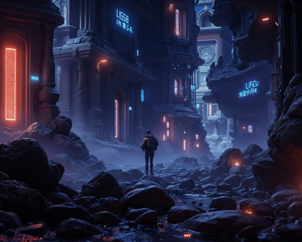 Surreal Futuristic Landscape with Neon Signs and Fog