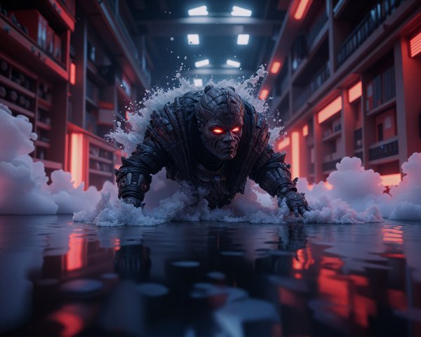 Futuristic warrior in neon-lit, otherworldly setting